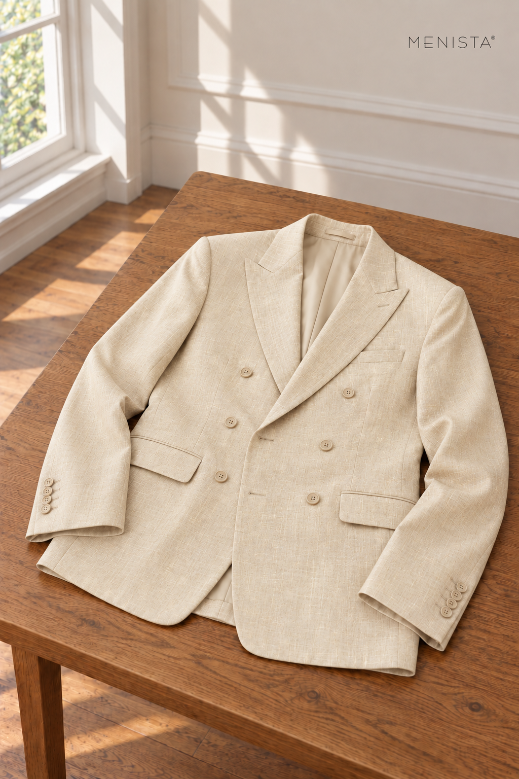 Solaro Light Cream 100% Linen Double-Breasted 2PC Suit — jacket resting naturally on a flat surface