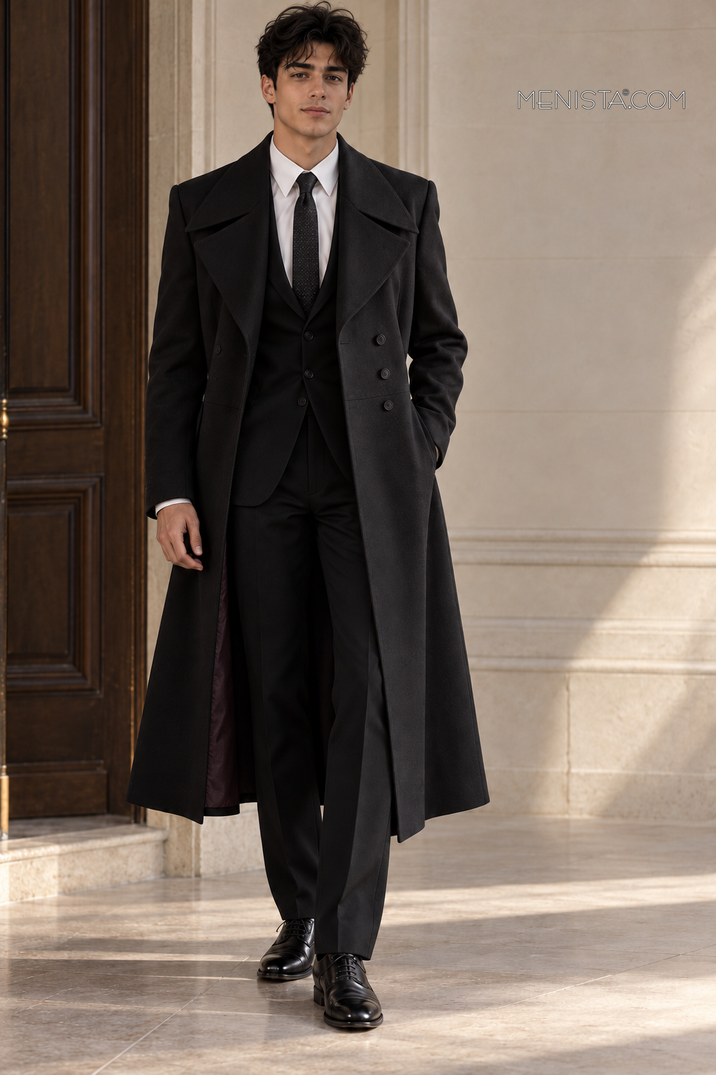 Front view of the Valdric Black Wool Blend Double-Breasted Long Coat.