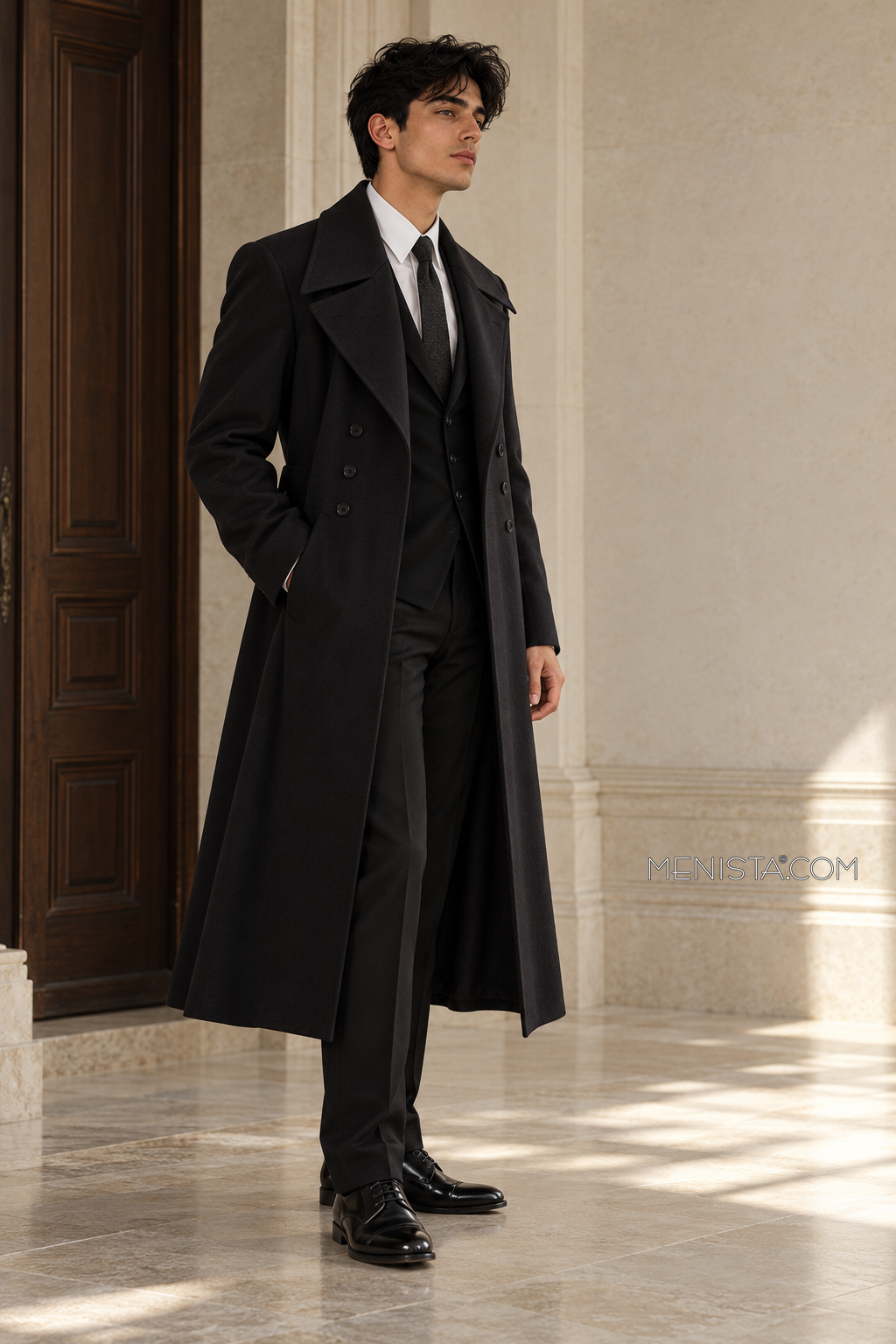 Side and three-quarter view of the Valdric Black Wool Blend Double-Breasted Long Coat.