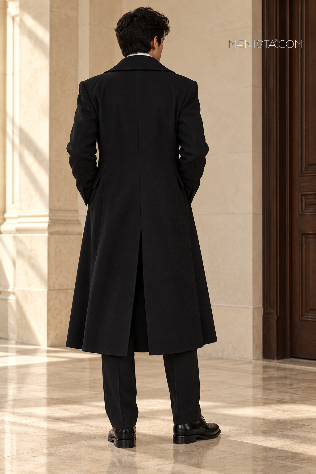 Full back view of the Valdric Black Wool Blend Double-Breasted Long Coat.